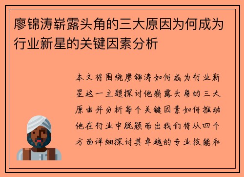 廖锦涛崭露头角的三大原因为何成为行业新星的关键因素分析